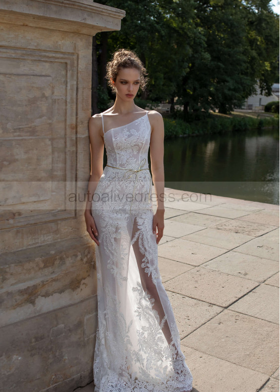 Asymmetrical Neck Ivory Lace Slit Wedding Dress